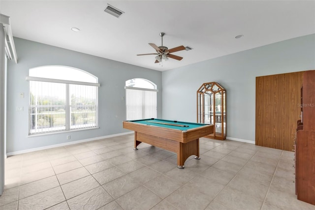 rec room featuring light tile patterned floors, visible vents, and baseboards