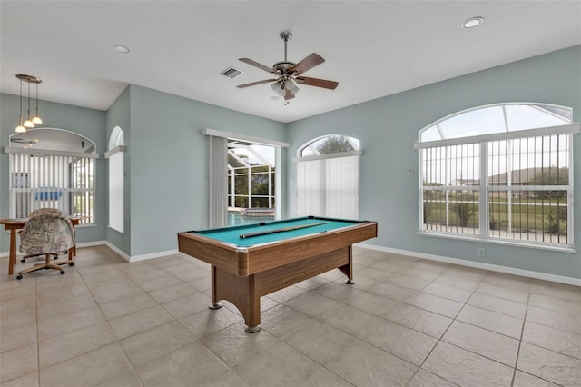 game room featuring light tile patterned flooring, visible vents, and baseboards