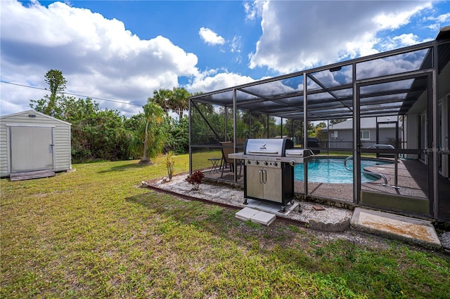 view of yard with glass enclosure, a shed, an outdoor structure, and an outdoor pool