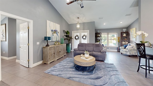 living room with ceiling fan, high vaulted ceiling, recessed lighting, visible vents, and baseboards