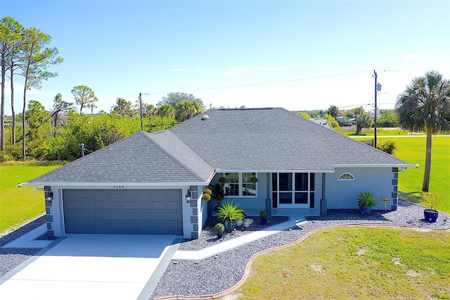 single story home with driveway, roof with shingles, an attached garage, a front yard, and stucco siding