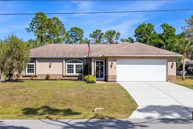 ranch-style home with an attached garage, driveway, roof with shingles, stucco siding, and a front lawn