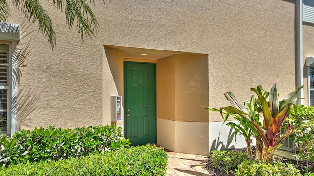 doorway to property featuring stucco siding