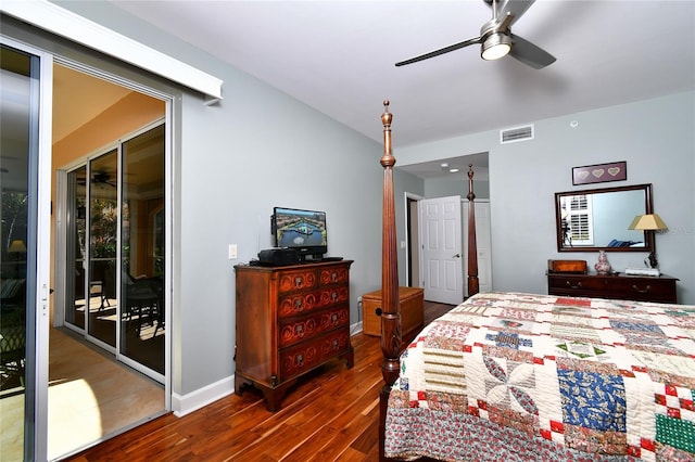 bedroom with baseboards, visible vents, a ceiling fan, wood finished floors, and access to exterior