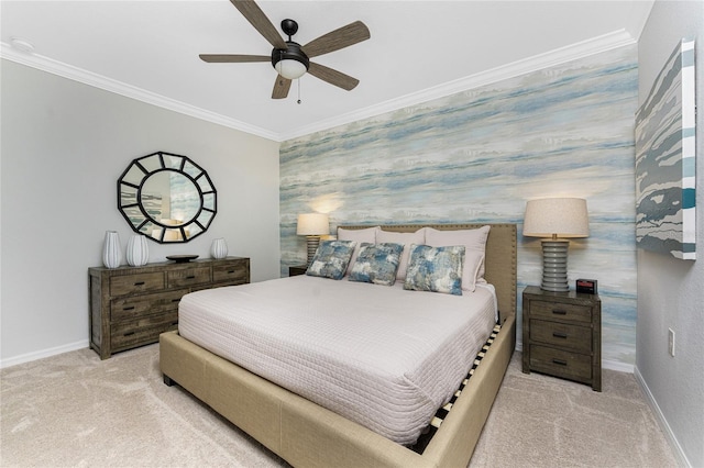 carpeted bedroom with wallpapered walls, ceiling fan, baseboards, and crown molding