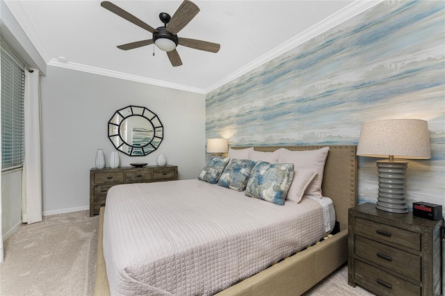 bedroom featuring wallpapered walls, baseboards, a ceiling fan, ornamental molding, and carpet floors