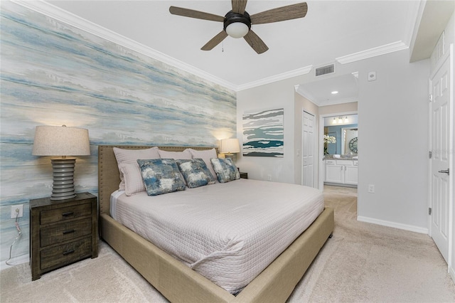 bedroom with wallpapered walls, baseboards, visible vents, light colored carpet, and crown molding