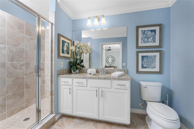 bathroom with crown molding, a shower stall, toilet, and tile patterned floors