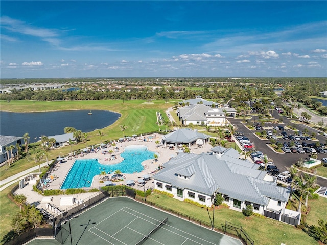 bird's eye view with a water view