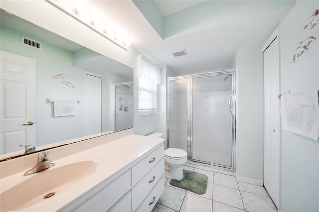 bathroom with visible vents, a shower stall, and vanity