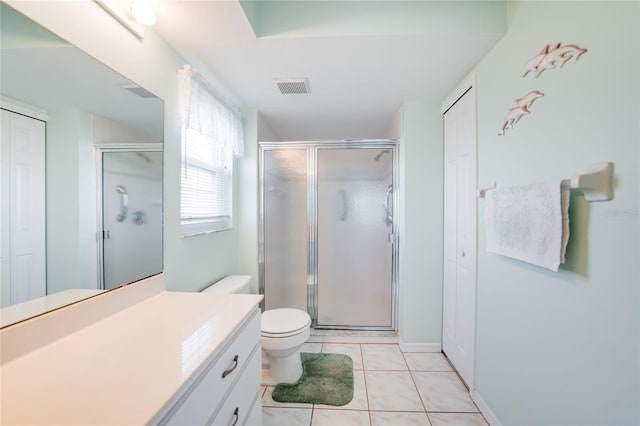 full bathroom featuring toilet, a shower stall, visible vents, and tile patterned floors