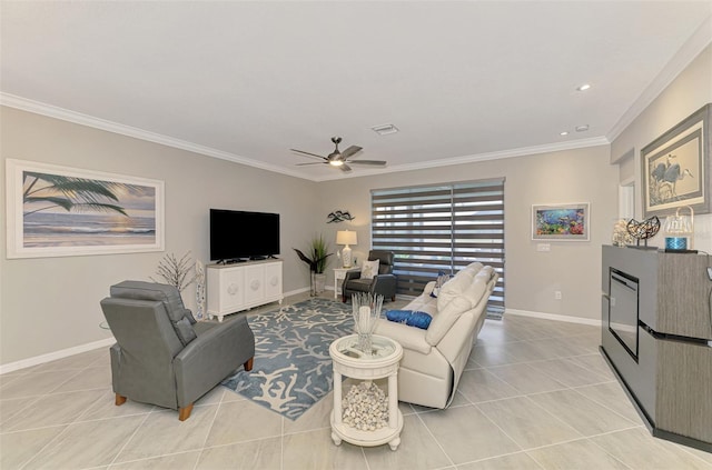 living area with light tile patterned floors, ornamental molding, visible vents, and a ceiling fan