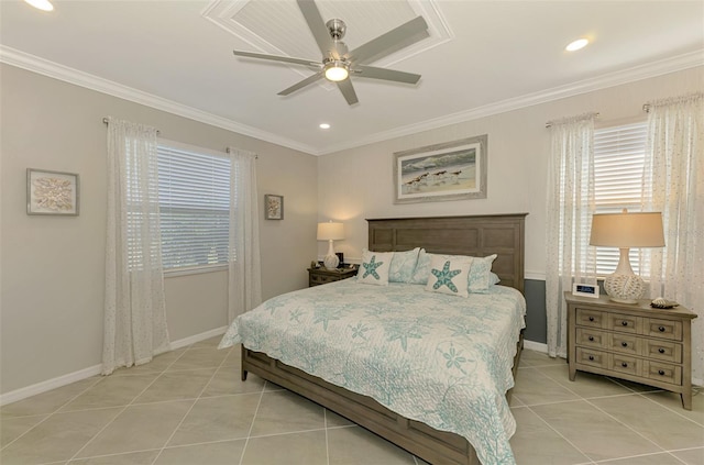 bedroom with ceiling fan, light tile patterned flooring, recessed lighting, baseboards, and ornamental molding