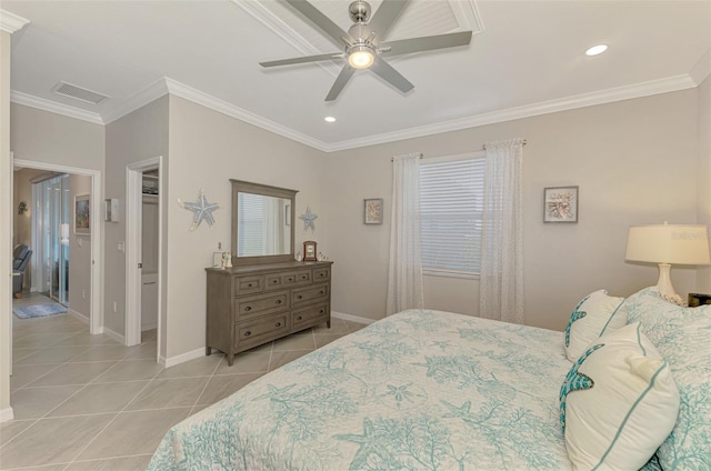 bedroom with light tile patterned floors, ornamental molding, visible vents, and baseboards