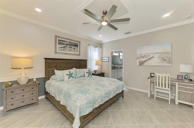 bedroom with light tile patterned floors, recessed lighting, visible vents, baseboards, and crown molding