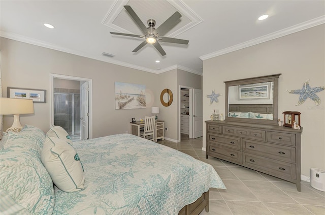 bedroom featuring light tile patterned floors, recessed lighting, visible vents, and ornamental molding