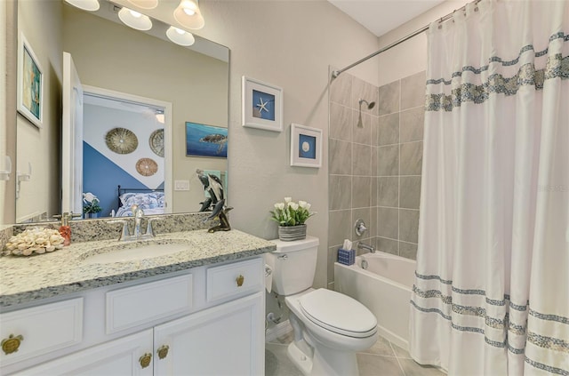 full bathroom featuring shower / bath combo, toilet, ensuite bath, tile patterned floors, and vanity