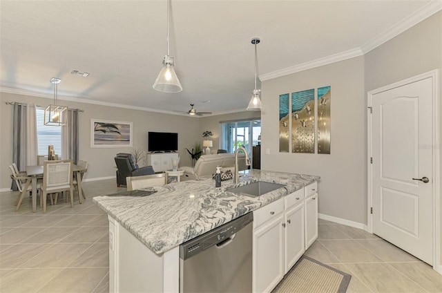 kitchen featuring visible vents, stainless steel dishwasher, ornamental molding, light tile patterned flooring, and a sink