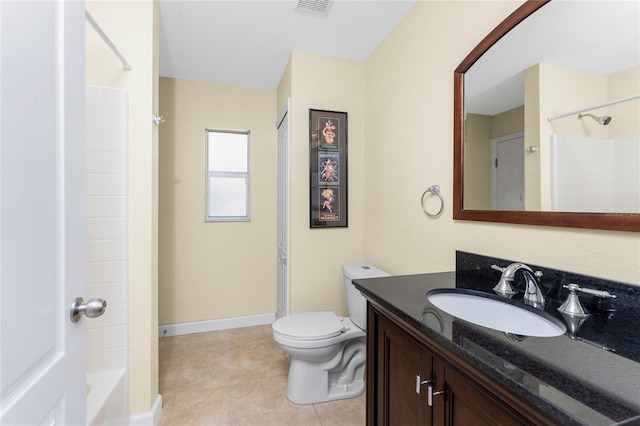 bathroom featuring tile patterned flooring, toilet, visible vents, vanity, and baseboards