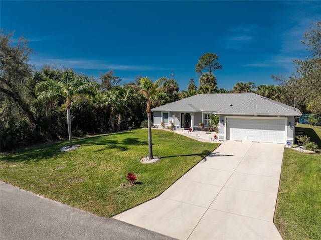 ranch-style home with a front yard, driveway, an attached garage, and stucco siding