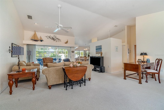 living area with high vaulted ceiling, light colored carpet, ceiling fan, and visible vents