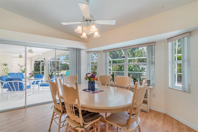 dining area with lofted ceiling, light wood-type flooring, a ceiling fan, and baseboards