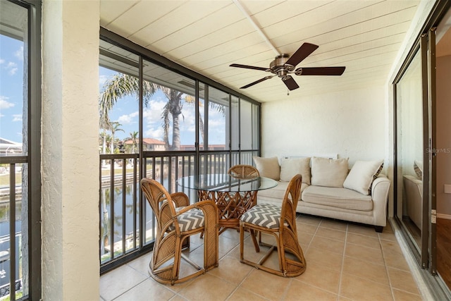 sunroom featuring wood ceiling and a ceiling fan