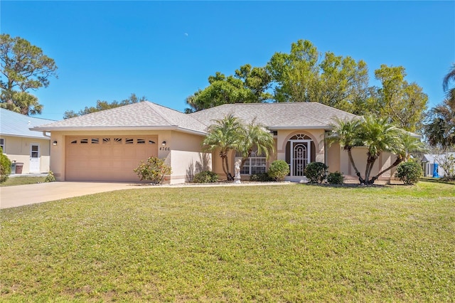 view of front of house with roof with shingles, stucco siding, concrete driveway, a garage, and a front lawn