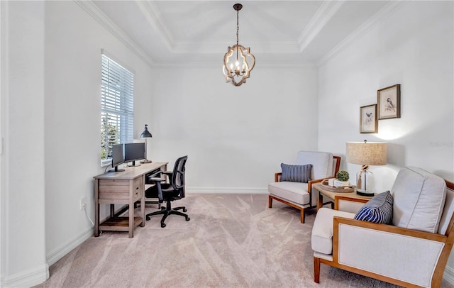 carpeted office space with an inviting chandelier, baseboards, a tray ceiling, and crown molding