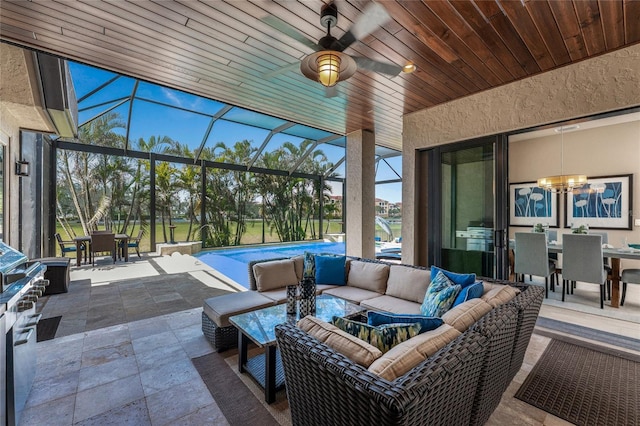 view of patio with an outdoor pool, ceiling fan, a lanai, outdoor dining area, and outdoor lounge area