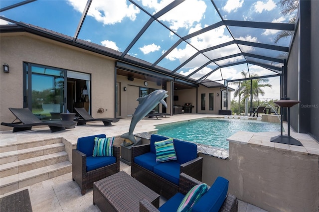 outdoor pool with a lanai, a patio area, and an outdoor living space