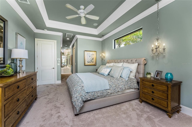 bedroom featuring visible vents, a raised ceiling, carpet flooring, and ornamental molding