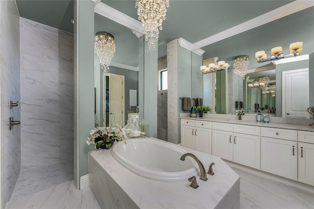 full bath featuring a garden tub, a notable chandelier, vanity, marble finish floor, and walk in shower