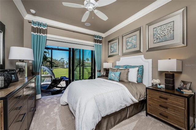 bedroom featuring light carpet, access to exterior, ceiling fan, and ornamental molding