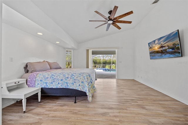 bedroom featuring visible vents, high vaulted ceiling, a ceiling fan, light wood finished floors, and access to exterior