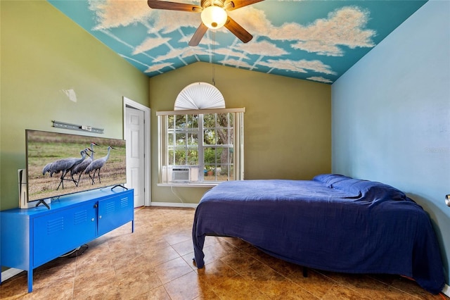 bedroom with tile patterned floors, cooling unit, baseboards, lofted ceiling, and ceiling fan