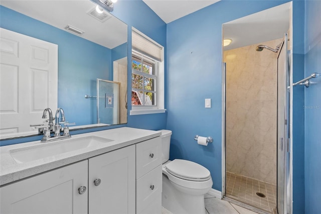 full bath featuring visible vents, a shower stall, and toilet