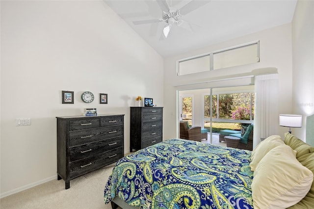 bedroom featuring access to exterior, baseboards, ceiling fan, light colored carpet, and high vaulted ceiling