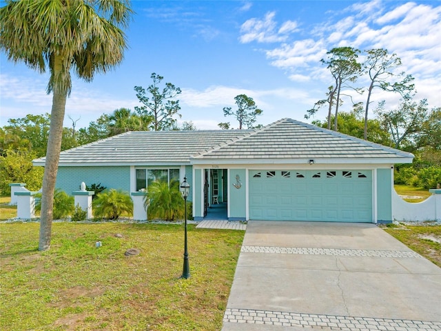 ranch-style house featuring a tile roof, concrete driveway, a garage, and a front yard