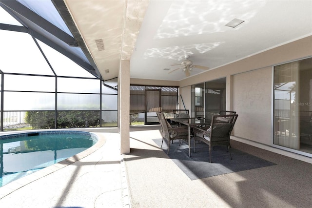 outdoor pool with a ceiling fan