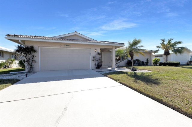 ranch-style house featuring concrete driveway, a front lawn, an attached garage, and stucco siding