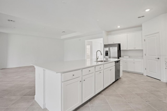 kitchen featuring a center island with sink, visible vents, stainless steel appliances, and a sink