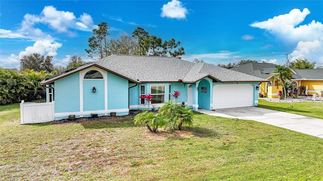 ranch-style home with a garage, driveway, a shingled roof, and a front yard