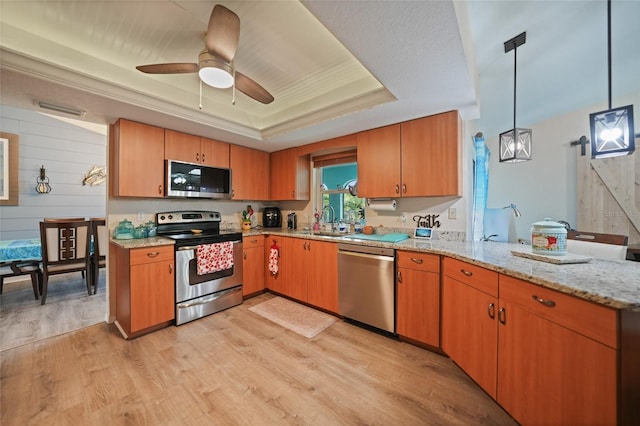 kitchen with a barn door, a sink, appliances with stainless steel finishes, light wood-type flooring, and a tray ceiling