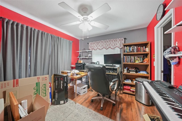 home office featuring ceiling fan and wood finished floors