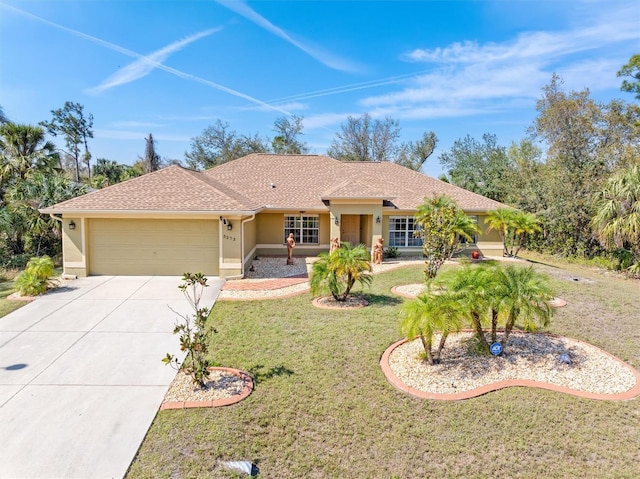 ranch-style house featuring a shingled roof, concrete driveway, an attached garage, a front lawn, and stucco siding