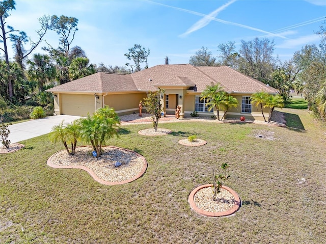 single story home with driveway, a garage, a front lawn, and stucco siding