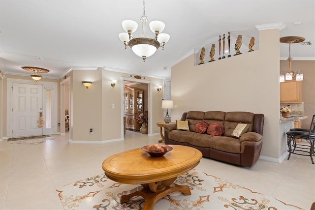 living area featuring light tile patterned floors, visible vents, an inviting chandelier, ornamental molding, and baseboards