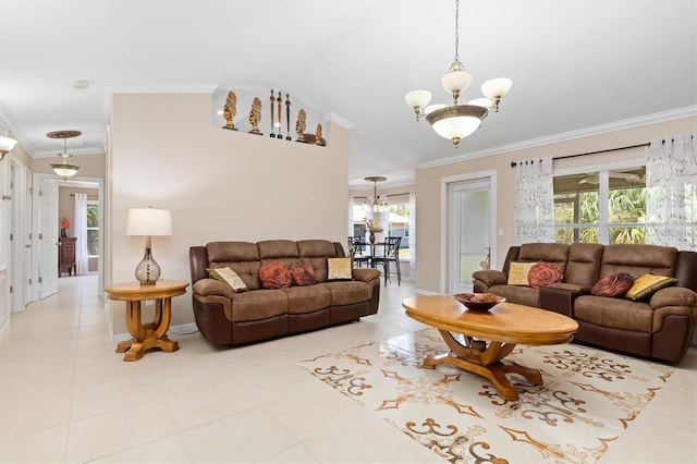 living room with a chandelier, light tile patterned flooring, and crown molding