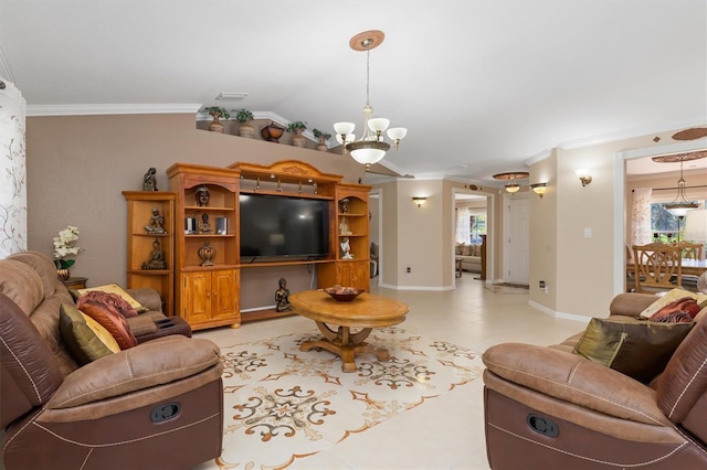 living room featuring crown molding, lofted ceiling, visible vents, and an inviting chandelier